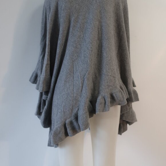 Womens Minnie Rose Grey Ruffled Trim Pure Cashmere Turtleneck Poncho Sweater O/S - Picture 10 of 11